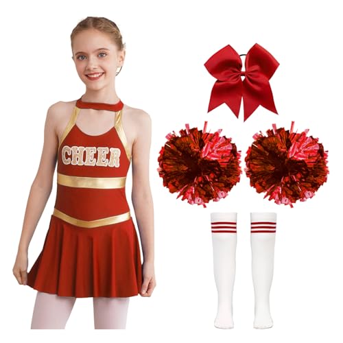 Nyeemya Kind Highschool Mädchen Kostüm Mit Pom Poms Socken Set Cheerleading Uniform Outfit Sport Spiele B Rot 158-164 von Nyeemya