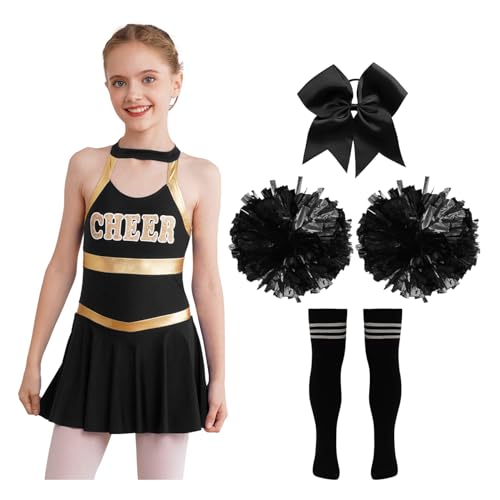 Nyeemya Kind Highschool Mädchen Kostüm Mit Pom Poms Socken Set Cheerleading Uniform Outfit Sport Spiele B Schwarz Weiß 134-140 von Nyeemya