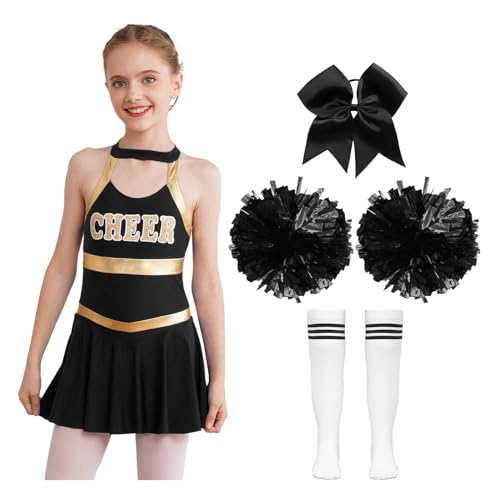 Nyeemya Kind Highschool Mädchen Kostüm Mit Pom Poms Socken Set Cheerleading Uniform Outfit Sport Spiele B Weiß Schwarz 146-152 von Nyeemya