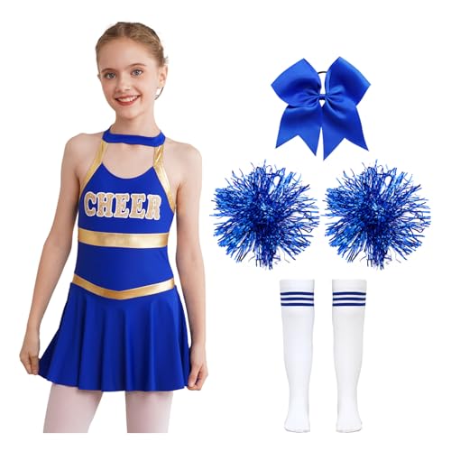 Nyeemya Kind Highschool Mädchen Kostüm Mit Pom Poms Socken Set Cheerleading Uniform Outfit Sport Spiele Ein Blau 146-152 von Nyeemya