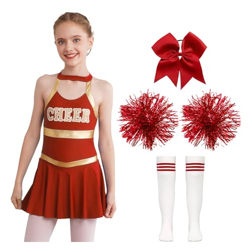 Nyeemya Kind Highschool Mädchen Kostüm Mit Pom Poms Socken Set Cheerleading Uniform Outfit Sport Spiele Ein Rot 146-152 von Nyeemya
