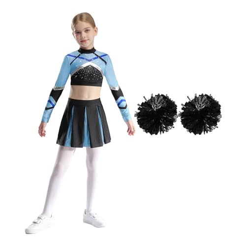Nyeemya Kinder Cheer Leader Kostüm Mädchen Cheerleading Uniform Langarm Crop Top mit Minirock Handblumen Tanzkostüm Dusty Blue&Black 146-152 von Nyeemya