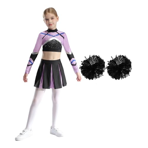 Nyeemya Kinder Cheer Leader Kostüm Mädchen Cheerleading Uniform Langarm Crop Top mit Minirock Handblumen Tanzkostüm Helles Lila 158-164 von Nyeemya