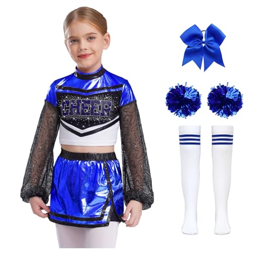 Nyeemya Kinder Mädchen Cheer Leader Kostüm Langarm Tanz Top Metallic Patchwork Oberteil Mit Minirock Schleife Stirnband Pompons Strümpfe Tanzoutfit Blau 146-152 von Nyeemya