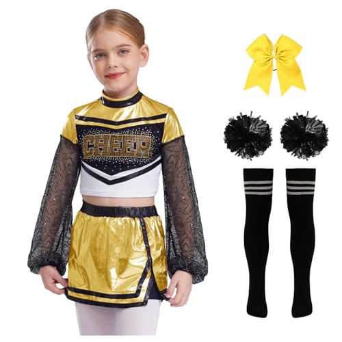 Nyeemya Kinder Mädchen Cheer Leader Kostüm Langarm Tanz Top Metallic Patchwork Oberteil Mit Minirock Schleife Stirnband Pompons Strümpfe Tanzoutfit Gold 134-140 von Nyeemya