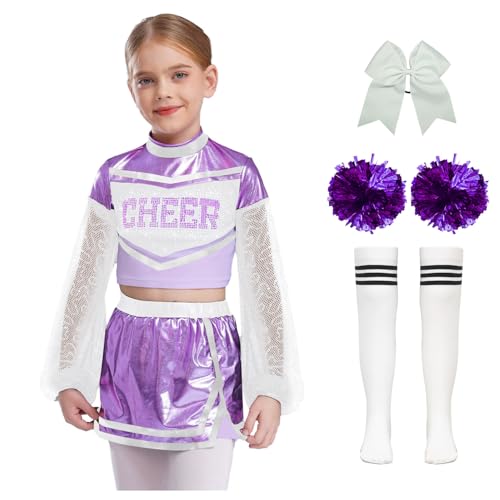 Nyeemya Kinder Mädchen Cheer Leader Kostüm Langarm Tanz Top Metallic Patchwork Oberteil Mit Minirock Schleife Stirnband Pompons Strümpfe Tanzoutfit Helles Lila 146-152 von Nyeemya