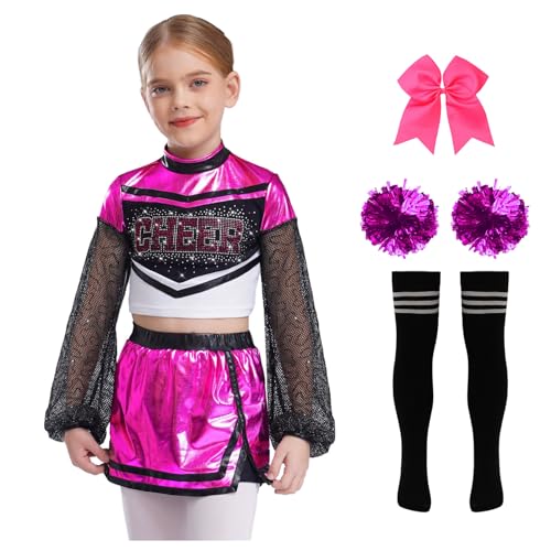 Nyeemya Kinder Mädchen Cheer Leader Kostüm Langarm Tanz Top Metallic Patchwork Oberteil Mit Minirock Schleife Stirnband Pompons Strümpfe Tanzoutfit Hot Pink 158-164 von Nyeemya