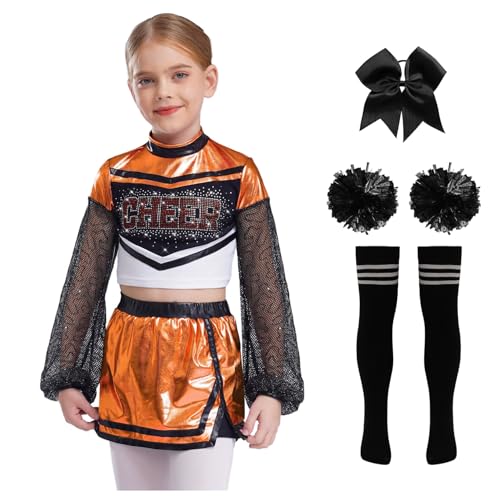 Nyeemya Kinder Mädchen Cheer Leader Kostüm Langarm Tanz Top Metallic Patchwork Oberteil Mit Minirock Schleife Stirnband Pompons Strümpfe Tanzoutfit Orange 170 von Nyeemya