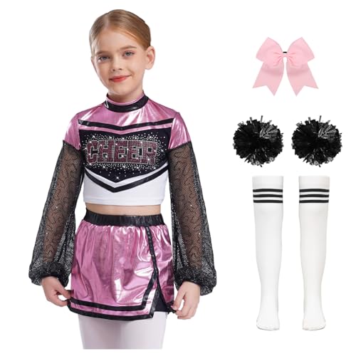 Nyeemya Kinder Mädchen Cheer Leader Kostüm Langarm Tanz Top Metallic Patchwork Oberteil Mit Minirock Schleife Stirnband Pompons Strümpfe Tanzoutfit Rosa 146-152 von Nyeemya