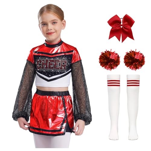 Nyeemya Kinder Mädchen Cheer Leader Kostüm Langarm Tanz Top Metallic Patchwork Oberteil Mit Minirock Schleife Stirnband Pompons Strümpfe Tanzoutfit Rot 170 von Nyeemya