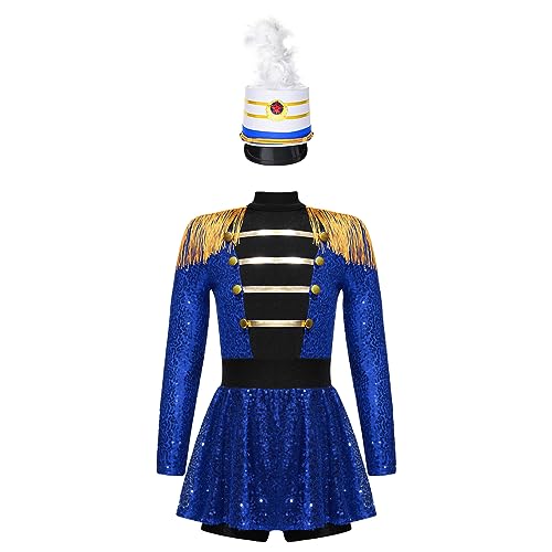 Nyeemya Kinder Mädchen Zirkus Zirkusdirektor Kleid Trommler Uniform Bodysuit Langarm mit Hut Halloween Tanzkleidung Blau 134-140 von Nyeemya