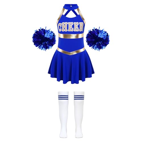 Nyeemya Mädchen Cheer Leader Cheerleadering Outfit Uniform Kleid mit Pompoms Socken für Karneval Halloween Fasching Mottoparty Ein Königsblau 170 von Nyeemya