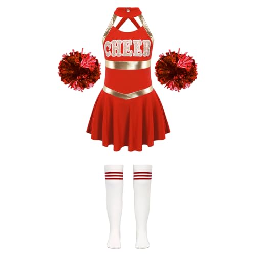 Nyeemya Mädchen Cheer Leader Cheerleadering Outfit Uniform Kleid mit Pompoms Socken für Karneval Halloween Fasching Mottoparty Ein Rot 110-116 von Nyeemya