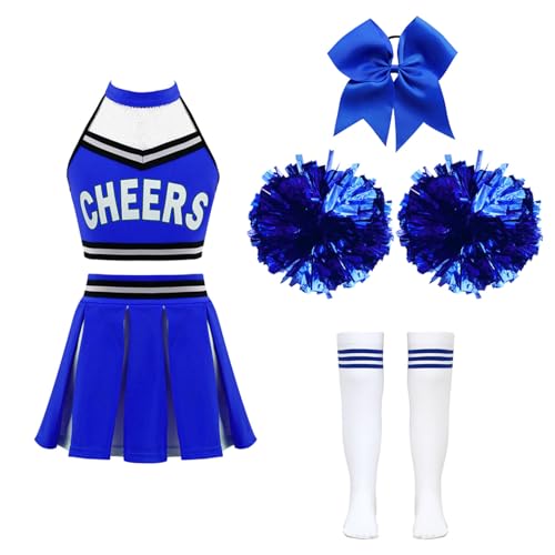Nyeemya Mädchen Cheerleadering Kostüm Uniformen Ärmellos Tank Top Minirock mit Pompoms Socken und Kopfschmuck Halloween Verkleidung Ein blaues 134-140 von Nyeemya