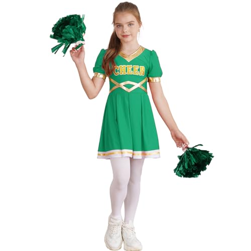 Nyeemya Mädchen Cheerleadering Kostümuniform Kleid mit 2 Pompons für Halloween Party Verkleidung Karneval Grün 122-128 von Nyeemya