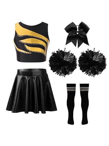 Nyeemya Mädchen Cheerleading Kostüm Cheer Leader Outfit Ärmellos Top und Rock mit Pompons Socken Haarzubehör Halloween Kostüm Ein Gold&Schwarz 146-152 von Nyeemya