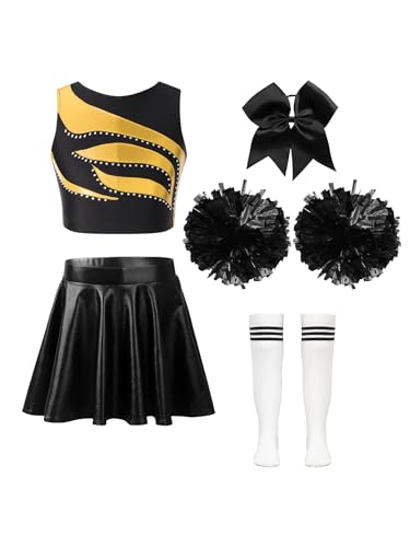 Nyeemya Mädchen Cheerleading Kostüm Cheer Leader Outfit Ärmellos Top und Rock mit Pompons Socken Haarzubehör Halloween Kostüm Ein Gold&&Weiß 122-128 von Nyeemya