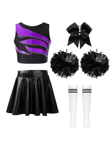 Nyeemya Mädchen Cheerleading Kostüm Cheer Leader Outfit Ärmellos Top und Rock mit Pompons Socken Haarzubehör Halloween Kostüm Ein Lila-Weiß 134-140 von Nyeemya