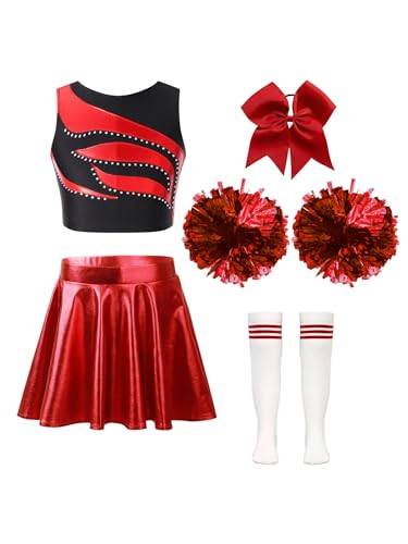 Nyeemya Mädchen Cheerleading Kostüm Cheer Leader Outfit Ärmellos Top und Rock mit Pompons Socken Haarzubehör Halloween Kostüm Ein Rot 110-116 von Nyeemya