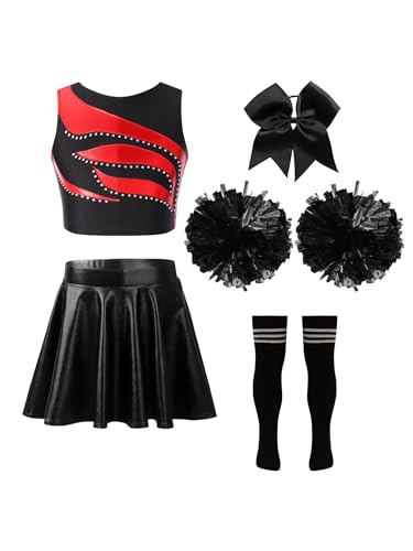 Nyeemya Mädchen Cheerleading Kostüm Cheer Leader Outfit Ärmellos Top und Rock mit Pompons Socken Haarzubehör Halloween Kostüm Ein Rot-Schwarz 110-116 von Nyeemya