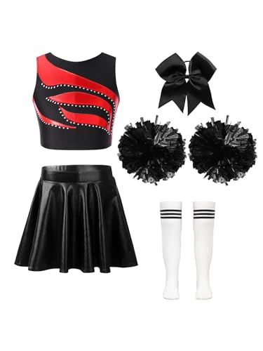 Nyeemya Mädchen Cheerleading Kostüm Cheer Leader Outfit Ärmellos Top und Rock mit Pompons Socken Haarzubehör Halloween Kostüm Ein Rot-Weiß 110-116 von Nyeemya