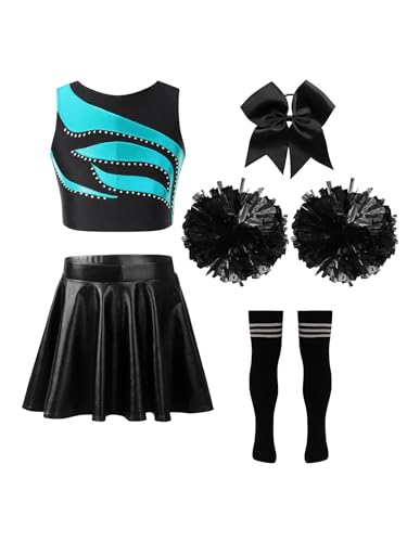 Nyeemya Mädchen Cheerleading Kostüm Cheer Leader Outfit Ärmellos Top und Rock mit Pompons Socken Haarzubehör Halloween Kostüm Ein Seegrün und Schwarz 134-140 von Nyeemya