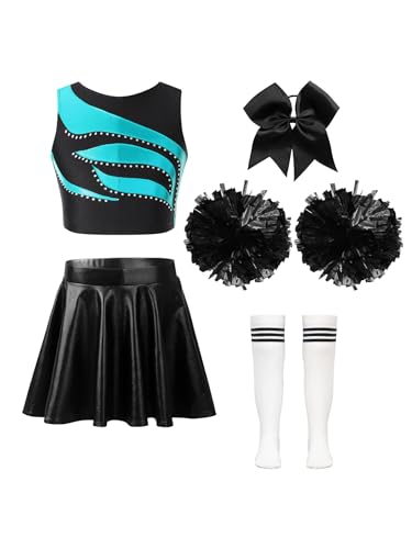 Nyeemya Mädchen Cheerleading Kostüm Cheer Leader Outfit Ärmellos Top und Rock mit Pompons Socken Haarzubehör Halloween Kostüm Ein grün-weißer See 134-140 von Nyeemya