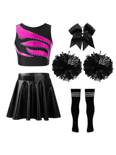 Nyeemya Mädchen Cheerleading Kostüm Cheer Leader Outfit Ärmellos Top und Rock mit Pompons Socken Haarzubehör Halloween Kostüm Ein heißes Pink und Schwarz 122-128 von Nyeemya