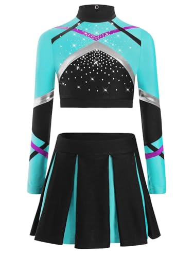Nyeemya Mädchen Cheerleading Uniform Buchstaben Langärmlige Crop Top mit Rock Halloween Kostüm Sport Schule Tanz Outfits Blau Grün 170 von Nyeemya