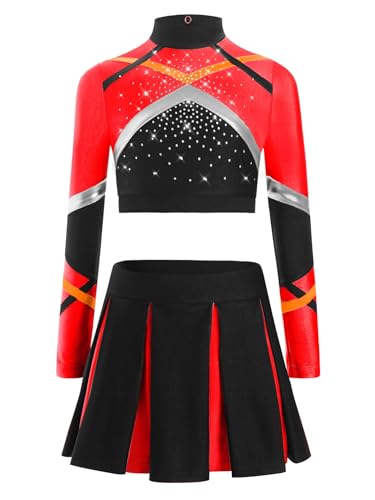 Nyeemya Mädchen Cheerleading Uniform Buchstaben Langärmlige Crop Top mit Rock Halloween Kostüm Sport Schule Tanz Outfits Rot 134-140 von Nyeemya