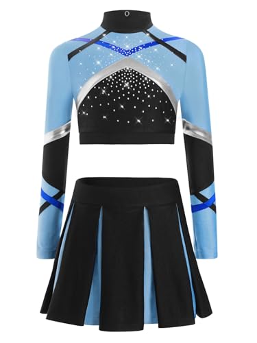 Nyeemya Mädchen Cheerleading Uniform Buchstaben Langärmlige Crop Top mit Rock Halloween Kostüm Sport Schule Tanz Outfits Staubiges Blau 170 von Nyeemya