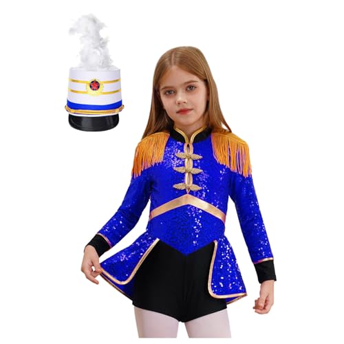 Nyeemya Mädchen Zirkusdirektor Kostüm Langarm Body Pailletten Jumpsuit mit Hut Mottoparty Fasching Karneval Kostüm Königsblau B 110-116 von Nyeemya