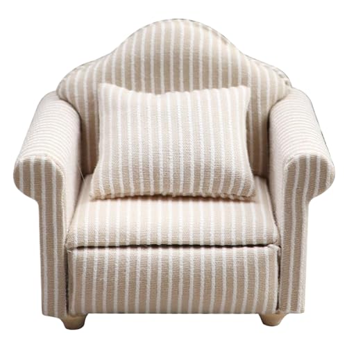 Dollhouse Couch 1/12 Miniatur Beige Stripe Dollhouse Stuhl mit dekorativem Wurfkissen multifunktionale Möbel für Wohnzimmer oder Schlafzimmer, Single Couch von Nyutcwe