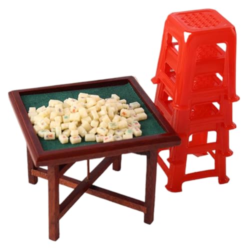 Dollhouse Möbel, 1/12 Scale Chinese Mahjong Set Dollhouse Accessoires mit Tisch und Stühlen, realistische Kunststoff -Miniaturzubehör -Möbel von Nyutcwe