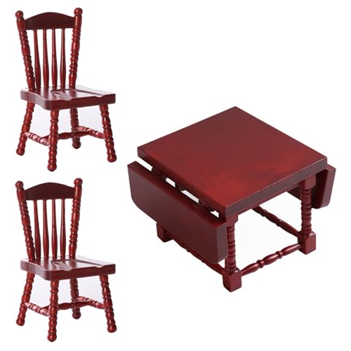 Dollhouse Möbelset, Holz 1/12 Skala Dollhouse Küche enthält 1 Rechteck Esstisch und 2 Stuhl Speisezimmer Dekoration Zubehör, rote Möbel von Nyutcwe