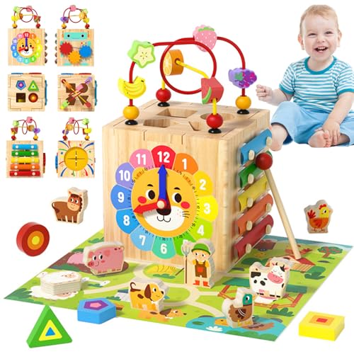 Holzaktivität Würfel Spielzeug 1 Set 6 in 1 Multifunktionales Babyaktivität Würfel Spielzeug sicherer natrual Holz pädagogische und lernende sensorische Kinder Geschenk für Urlaubs Geburtstag Holz von Nyutcwe
