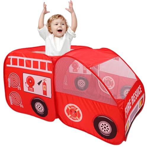 Kinder Spielen Zelt Pops-up Lüftung Feuerwehrauto Form Kinderzelt mit Türflip & Top Öffnen kratzfestes Polyester-Auto-Spielhaus mit Drahtrahmen für Mädchen Jungen Geschenk von Nyutcwe