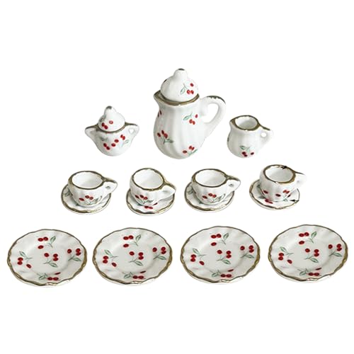 Nyutcwe 15pcs Miniaturpuppenhauszubehör, Mini -Tee -Set 1/12 Skala, Keramik -Teekannen -Tasse Mini -Kirschenmuster mit goldenem Trimm -Esszimmer Dollhouse Küchenzubehör Miniaturen Miniaturen von Nyutcwe