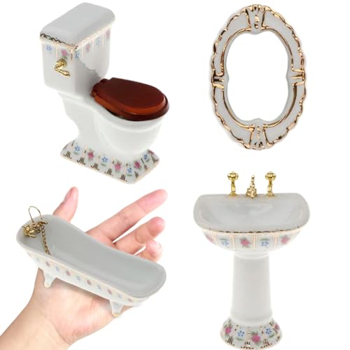 Nyutcwe 4PCS/Set Dollhouse Möbelset, 1/12 Porzellan Dollhouse Badezimmer, umfasst Toilette, Badewanne, Spüle und Spiegelrealistische Miniaturmöbel DIY Accessoires Dollhous Nyutcwe 4PCS/Set Dollhouse Möbelset, 1/12 Porzellan Dollhouse Badezimmer, umfasst Toilette, Badewanne, Spüle und Spiegelrealistische Miniaturmöbel DIY Accessoires Dollhous von Nyutcwe