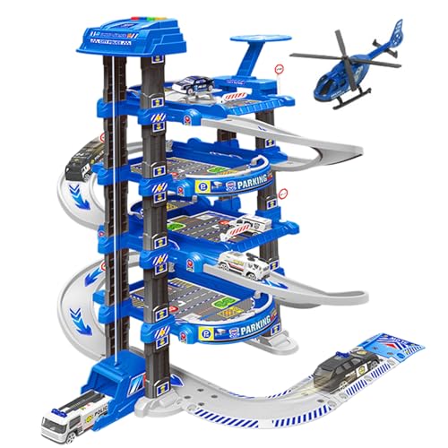 Nyutcwe Auto Garage Spielzeug 1 Set 4 Schicht polizeiliche Spielzeugauto Garage mit Heliport & Lifter Easy Assembly Ramp mit Launcher Interactive Developmental Track, Geschenke für Jungen von Nyutcwe