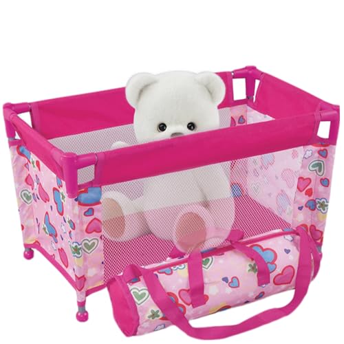 Nyutcwe Babypuppenkrippe für 18 '' Puppen, faltbares Mesh Babypuppenbett, Herzmuster -Spielstall, tragbare Packung und Spiel mit Tragetasche für Kinder 3+ Geschenke von Nyutcwe
