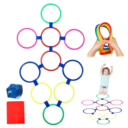 Nyutcwe Hopscotch Rings Spiel, 10pcs Round Hopscotch Ringe mit Bohnensack werfen 15 Zoll mehrfarbigem Hindernisparcours Fun Play Kids Outdoor Play-Ausrüstung von Nyutcwe