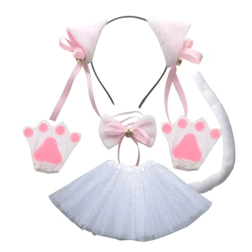Nyutcwe Katzenkostüm für Mädchen 1 Set weiße durchschnittliche Größe Katzenkostüm umfasst Ohren, Schwanz, Bowtie, Rock und Handschuhe, entzückend für Ankleide, Halloween, Geschenke für Mädchen für von Nyutcwe