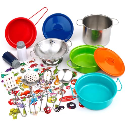 Nyutcwe Kids Kitchen Play Set, farbenfrohe Edelstahltöpfe und Pfannenspielzeugküche mit Dinosaurier- und Lebensmittelaufklebern, Mini -Spielzubehör für Jungen Mädchen Kleinkinder Kinder Set von Nyutcwe