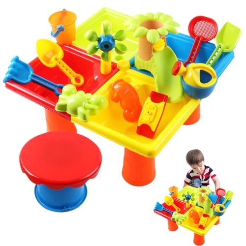 Nyutcwe Kleinkindwassertabelle 25pcs/Set 4 Fach Sensory Tisch quadratischer Sand mit Hocker Interaktives Eltern-Kind-Entwicklungswasser und Sand für Outdoor Beach von Nyutcwe