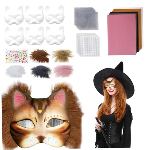 Nyutcwe Therian Mask Kit Realistische leere halbe Gesichtskatze Maske mit Filzstoffblech, Plüsch -Kunstpelzen und Augennetz dekoratives Tierkostüm für Maskerade, Cosplay -Party, Hellbraun von Nyutcwe