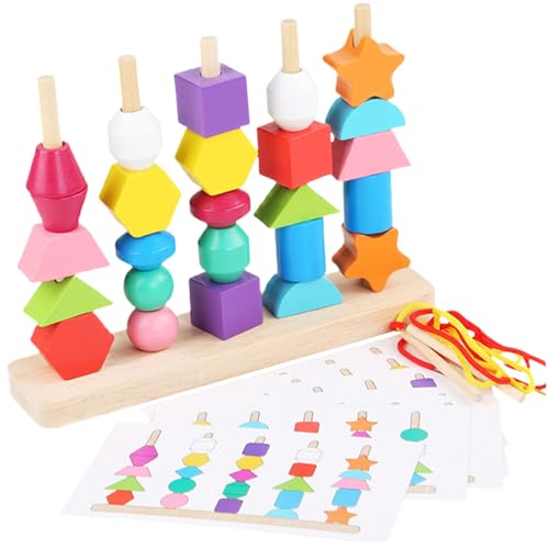 Schnürung Perlen Kleinkinder Feinmotorische Fähigkeiten Holzschnürung Perlen Sequencing Toy Set einschließlich 8pcs doppelseitige Musterkarten, 2 Spitze, 10 Farben, passende Formfarben Stapelspielzeu von Nyutcwe