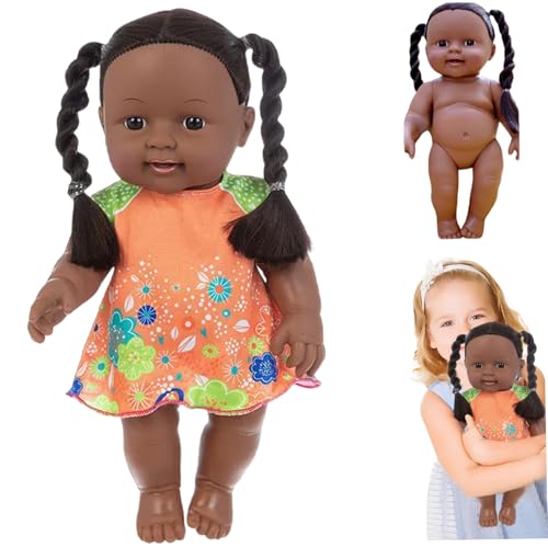Schwarze Babypuppen, 12 Zoll Amerikaner Afrikaner realistischer Babypuppen mit Kleid, beweglicher Joint und doppelter Pferdeschwanzgeflecht dunkle Hautpuppe für Kindergeschenke, orange schwarze Puppe Schwarze Babypuppen, 12 Zoll Amerikaner Afrikaner realistischer Babypuppen mit Kleid, beweglicher Joint und doppelter Pferdeschwanzgeflecht dunkle Hautpuppe für Kindergeschenke, orange schwarze Puppe von Nyutcwe