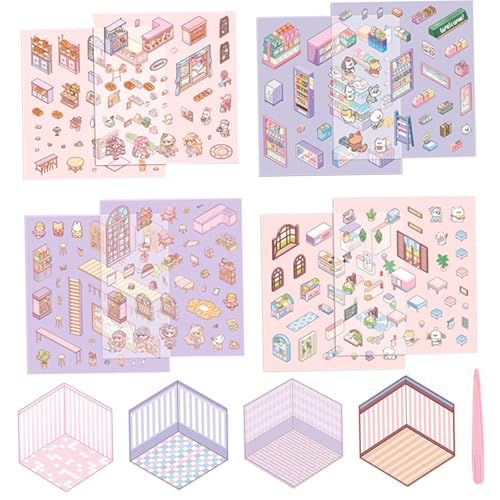 Zimmeraufkleberbuch, 4 Sets süßer lustiger Cartoon 3D -Aufkleber -Szene, Supermarkt Bakery Library Restaurant DIY 3D House Sticker mit Pinzetten, Relief Stress isometrische Raumaufkleber für Erwachse Zimmeraufkleberbuch, 4 Sets süßer lustiger Cartoon 3D -Aufkleber -Szene, Supermarkt Bakery Library Restaurant DIY 3D House Sticker mit Pinzetten, Relief Stress isometrische Raumaufkleber für Erwachse von Nyutcwe
