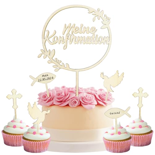 7 Stück Cake Topper Konfirmation, Holz Tortendeko Meine Konfirmation, Taufe Konfirmation Torten Topper, Erstkommunion Kuchen Dekoration für Taufe Junge Mädchen von O-Kinee